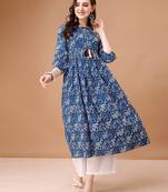 Blue rayon fit &flared floral printed casual kurta for women