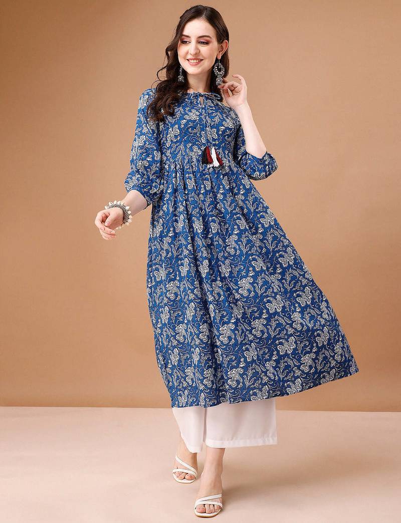 Blue rayon fit &flared floral printed casual kurta for women