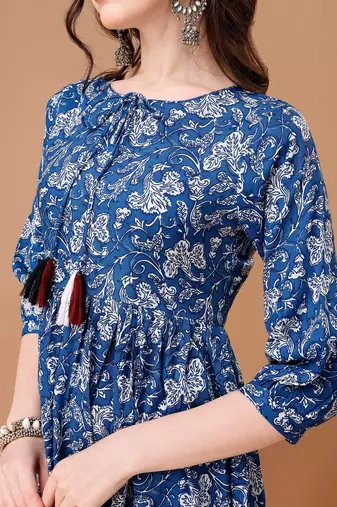 Blue rayon fit &flared floral printed casual kurta for women