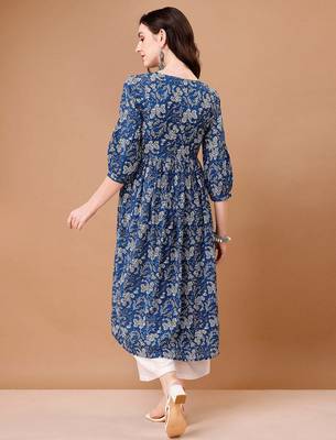 Blue rayon fit &flared floral printed casual kurta for women 3