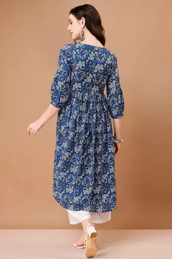 Blue rayon fit &flared floral printed casual kurta for women