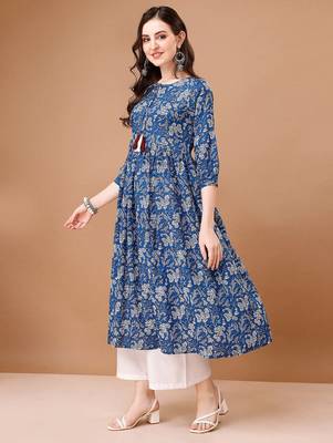 Blue rayon fit &flared floral printed casual kurta for women 4