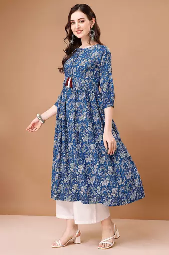 Blue rayon fit &flared floral printed casual kurta for women