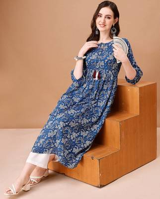 Blue rayon fit &flared floral printed casual kurta for women 5