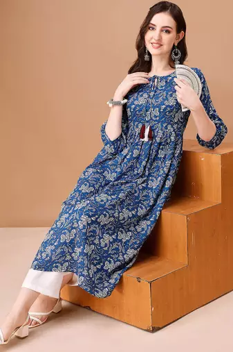 Blue rayon fit &flared floral printed casual kurta for women