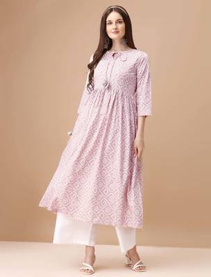 Pink rayon fit &flared bandhej printed casual kurta for women 1