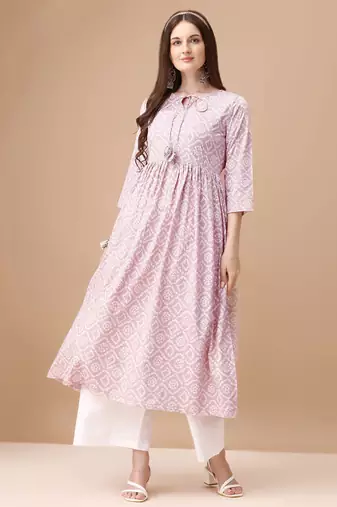 Pink rayon fit &flared bandhej printed casual kurta for women