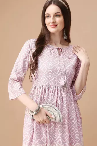 Pink rayon fit &flared bandhej printed casual kurta for women