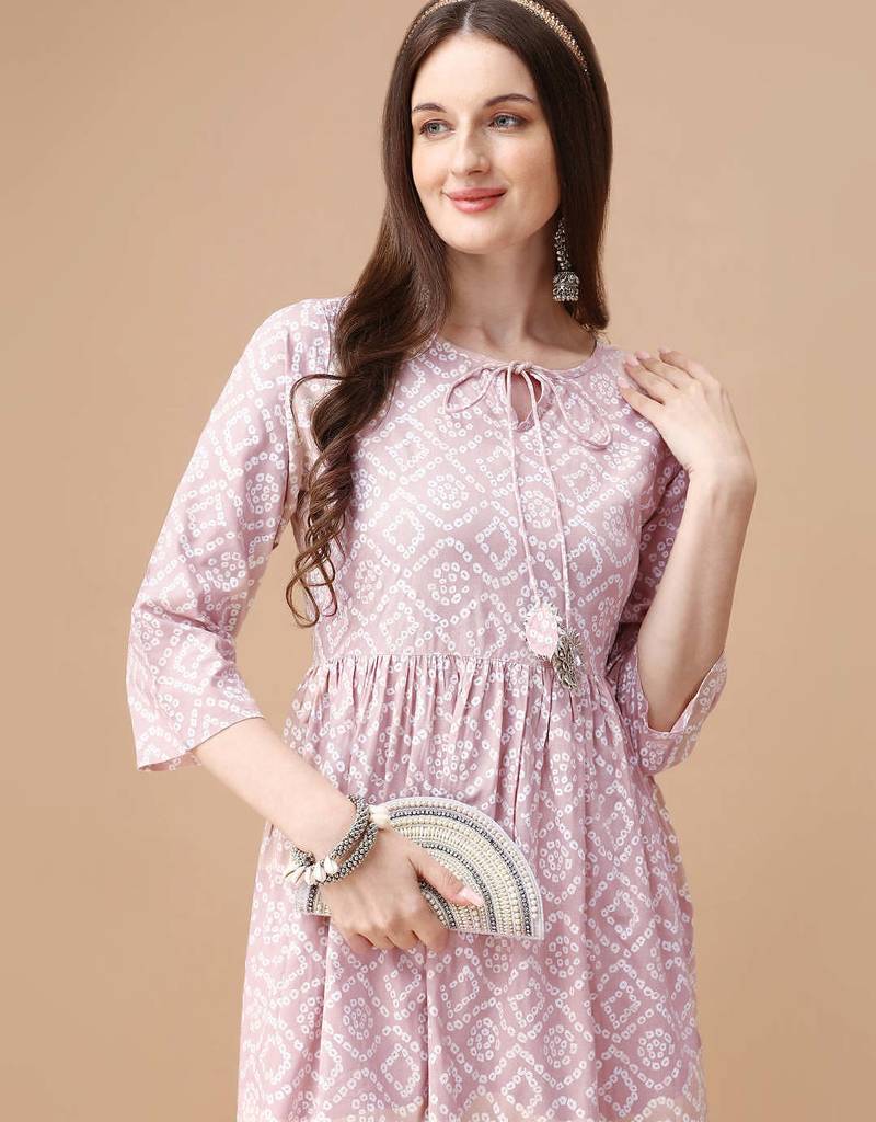 Pink rayon fit &flared bandhej printed casual kurta for women