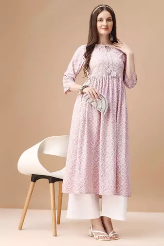 Pink rayon fit &flared bandhej printed casual kurta for women