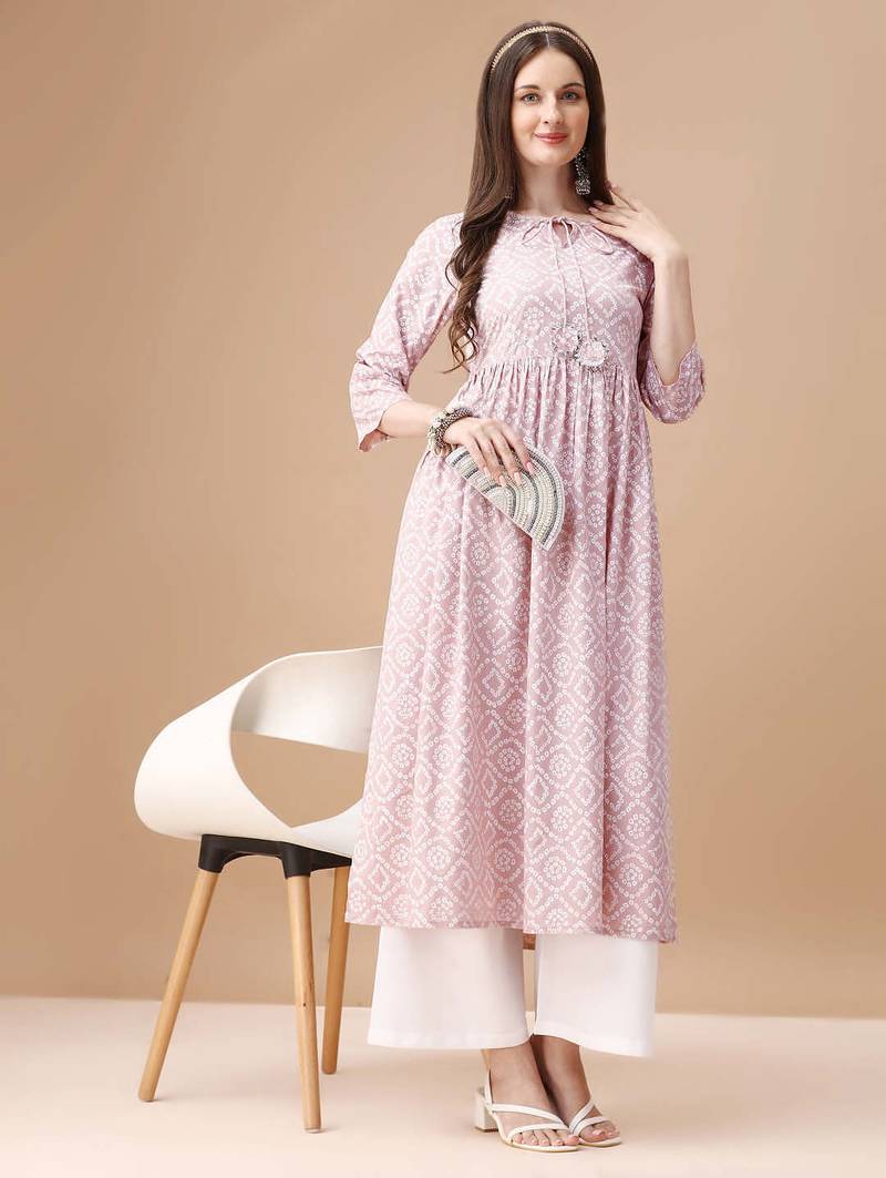 Pink rayon fit &flared bandhej printed casual kurta for women