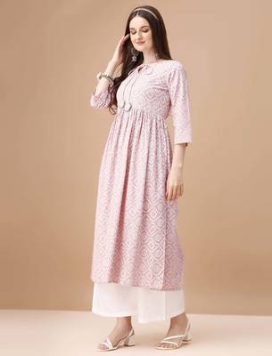 Pink rayon fit &flared bandhej printed casual kurta for women 4