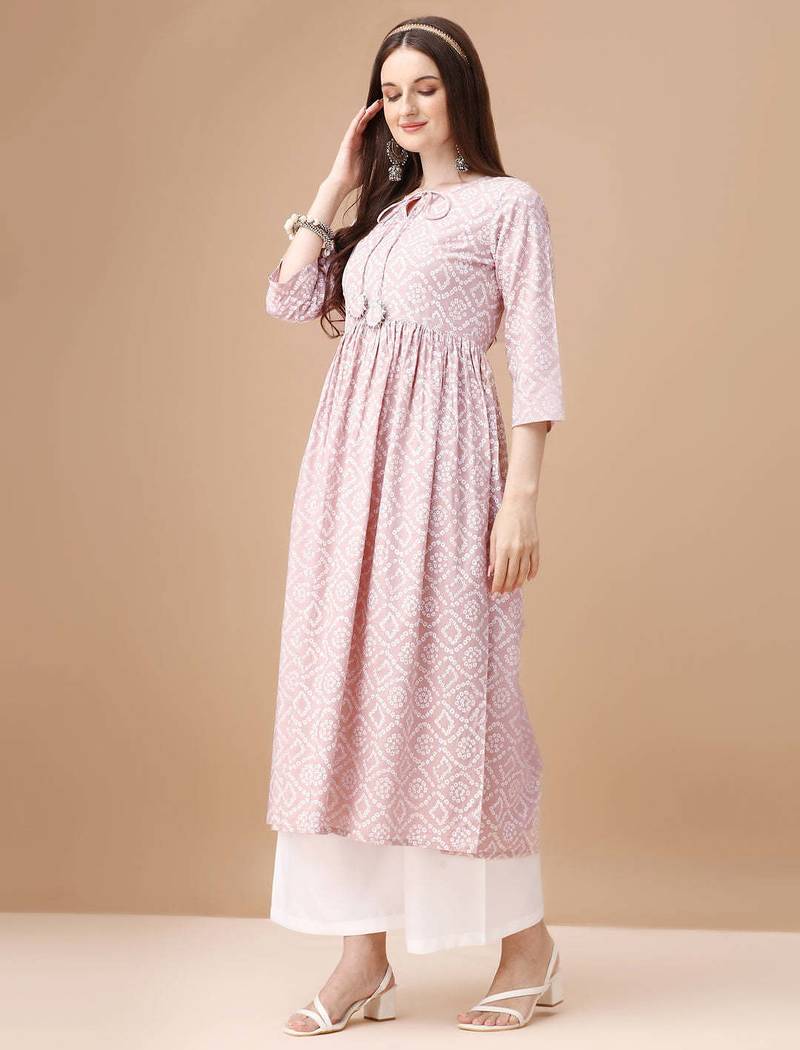 Pink rayon fit &flared bandhej printed casual kurta for women