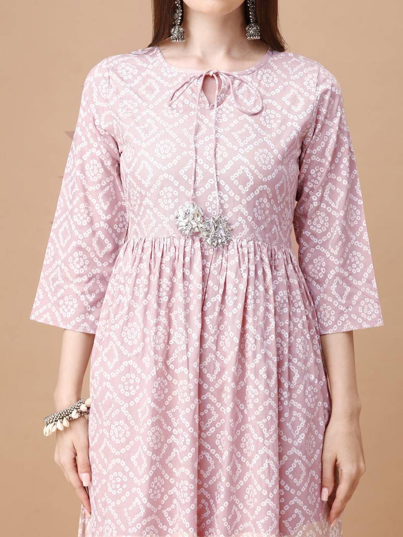 Pink rayon fit &flared bandhej printed casual kurta for women