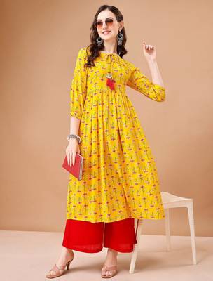 Yellow rayon fit &flared floral printed casual kurta for women 1