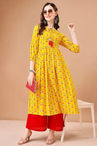 Yellow rayon fit &flared floral printed casual kurta for women