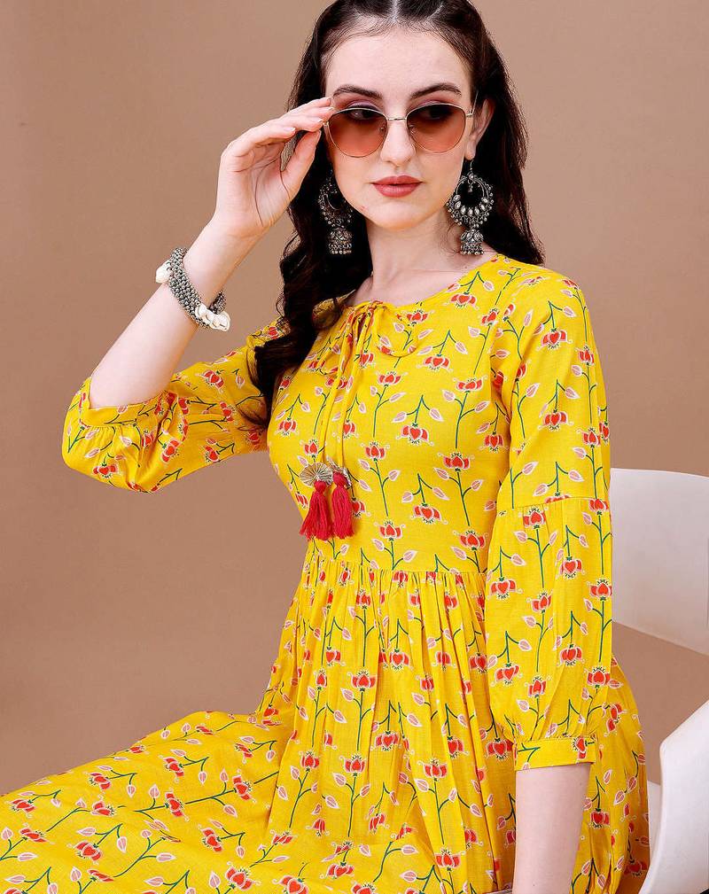 Yellow rayon fit &flared floral printed casual kurta for women