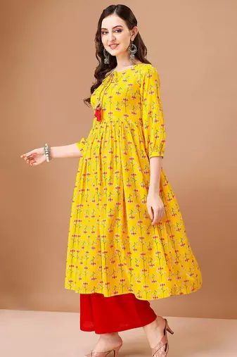 Yellow rayon fit &flared floral printed casual kurta for women