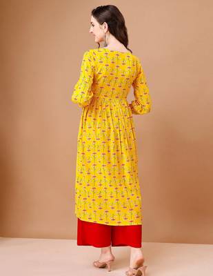 Yellow rayon fit &flared floral printed casual kurta for women 5