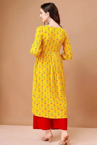 Yellow rayon fit &flared floral printed casual kurta for women