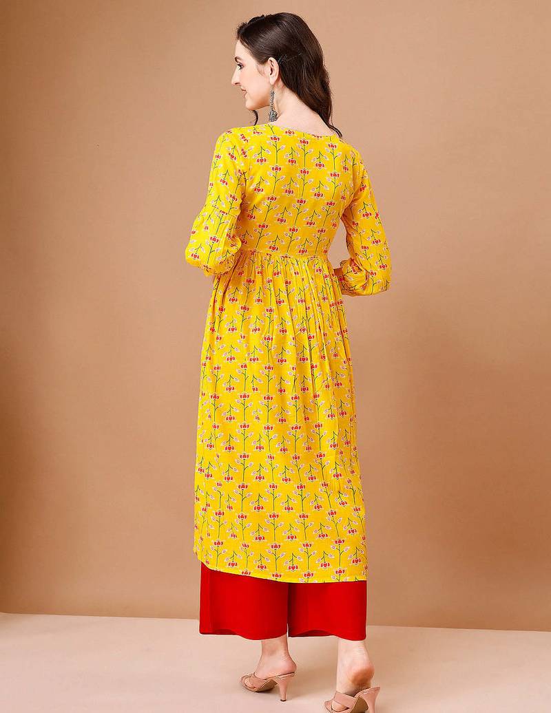 Yellow rayon fit &flared floral printed casual kurta for women