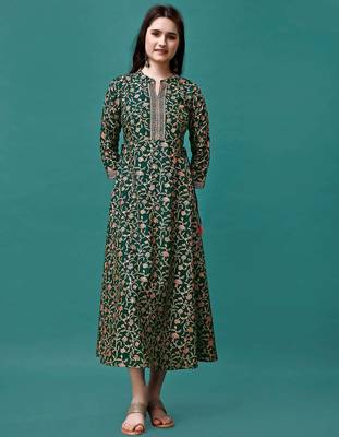 Green rayon fit &flared floral printed casual kurta for women 1