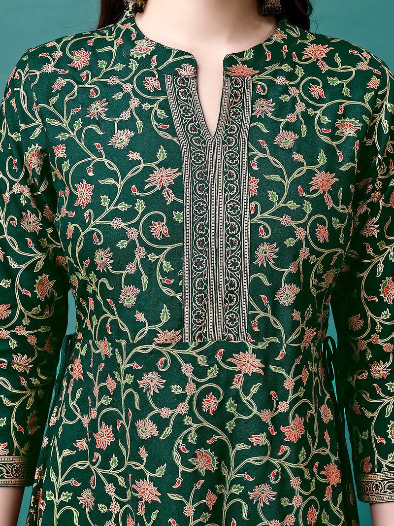 Green rayon fit &flared floral printed casual kurta for women