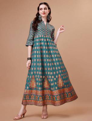 Teal rayon fit &flared floral printed casual kurta for women 1
