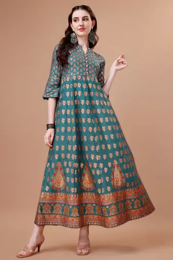 Teal rayon fit &flared floral printed casual kurta for women