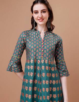 Teal rayon fit &flared floral printed casual kurta for women 2