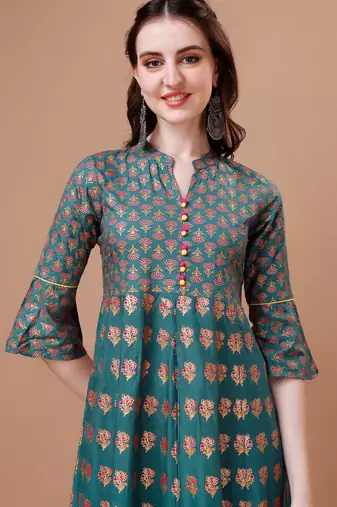 Teal rayon fit &flared floral printed casual kurta for women