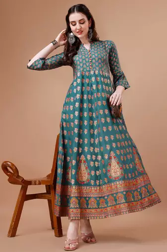 Teal rayon fit &flared floral printed casual kurta for women