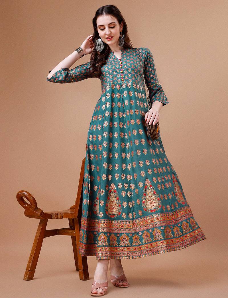 Teal rayon fit &flared floral printed casual kurta for women