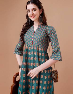 Teal rayon fit &flared floral printed casual kurta for women 4