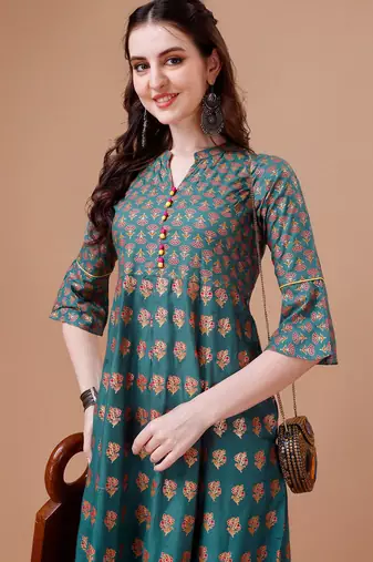 Teal rayon fit &flared floral printed casual kurta for women
