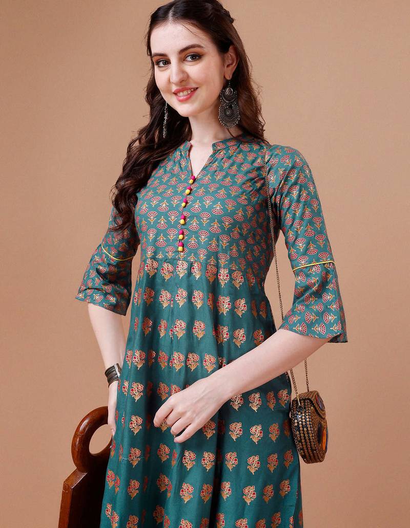 Teal rayon fit &flared floral printed casual kurta for women