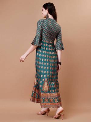 Teal rayon fit &flared floral printed casual kurta for women 5