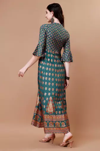 Teal rayon fit &flared floral printed casual kurta for women