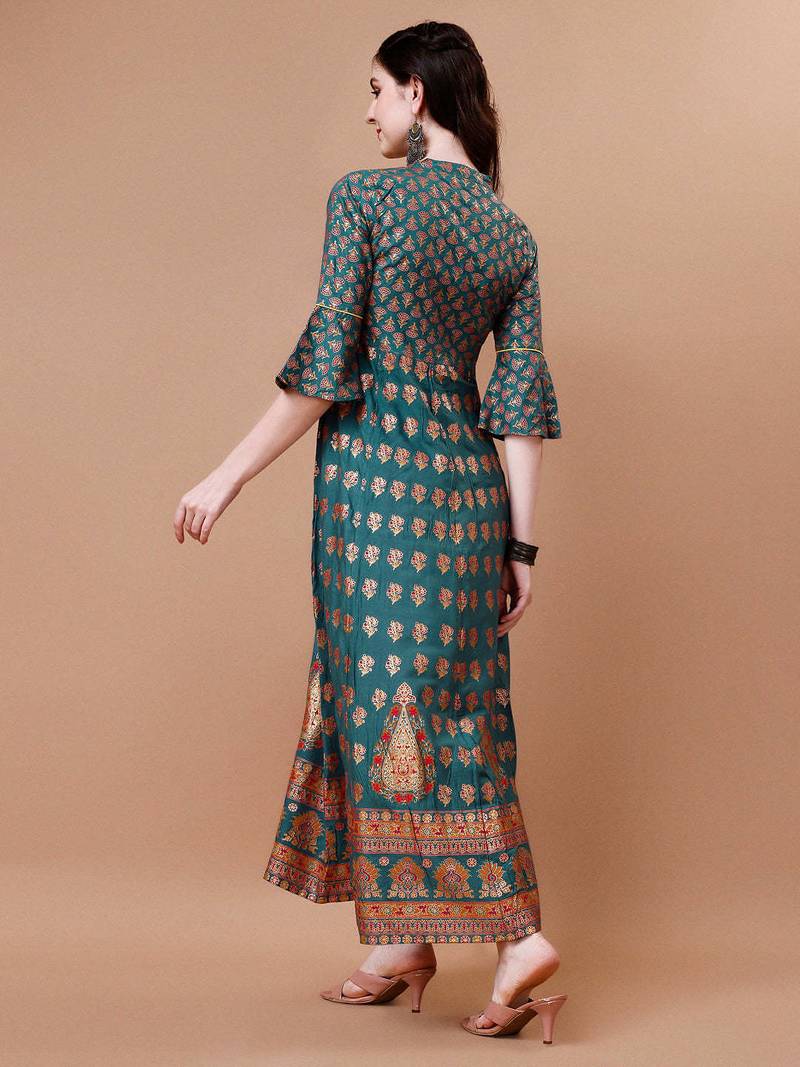 Teal rayon fit &flared floral printed casual kurta for women