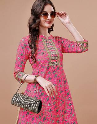Pink rayon fit &flared floral printed casual kurta for women 2
