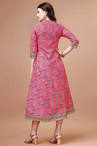 Pink rayon fit &flared floral printed casual kurta for women