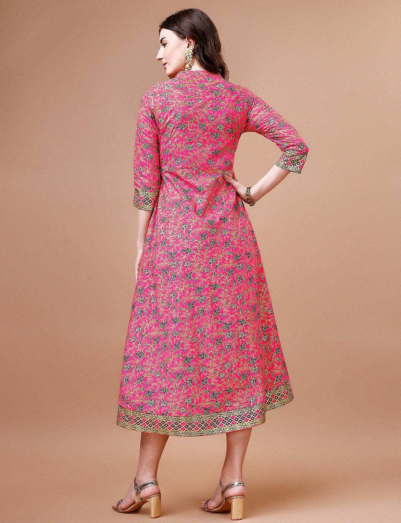 Pink rayon fit &flared floral printed casual kurta for women