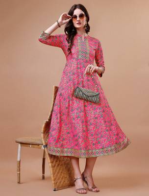 Pink rayon fit &flared floral printed casual kurta for women 4
