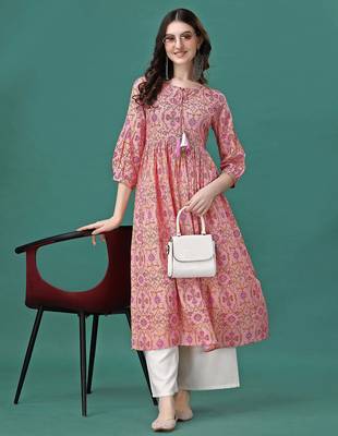 Peach rayon fit &flared floral printed casual kurta for women 1