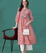 Peach rayon fit &flared floral printed casual kurta for women