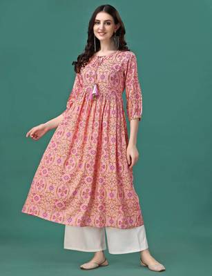 Peach rayon fit &flared floral printed casual kurta for women 2