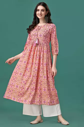 Peach rayon fit &flared floral printed casual kurta for women