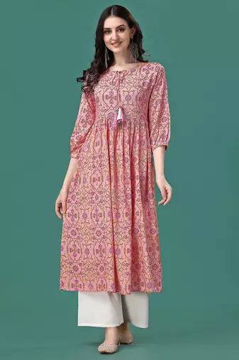 Peach rayon fit &flared floral printed casual kurta for women
