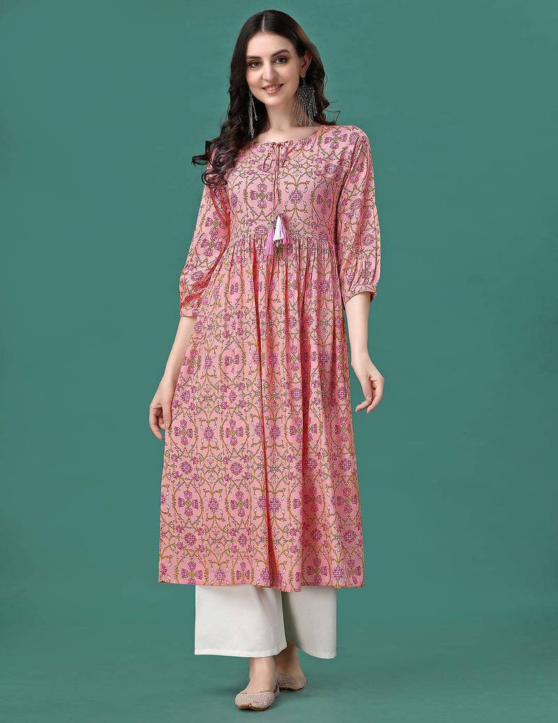 Peach rayon fit &flared floral printed casual kurta for women