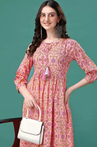 Peach rayon fit &flared floral printed casual kurta for women